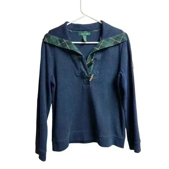 Lauren Ralph Lauren Embroidered Logo Plaid Collared Gold Buttons Sweater Navy - Picture 2 of 11